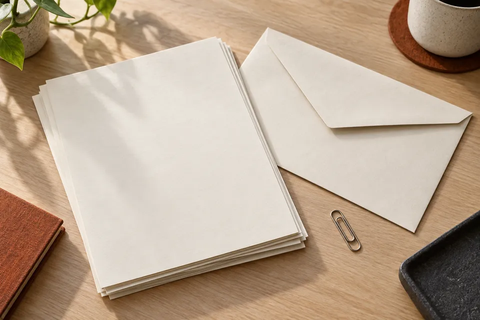 Paper documents, an envelope and a paperclip on a desk