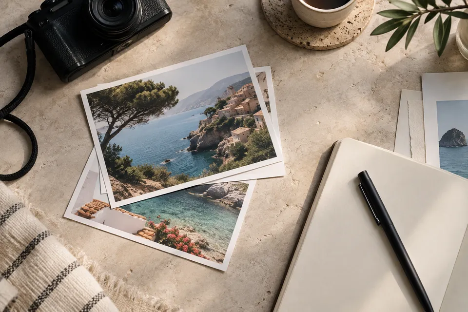 Camera, printed coastal photographs and a notebook on a desk