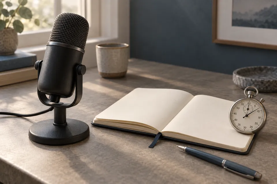 Microphone, notebook and stopwatch arranged for speech preparation